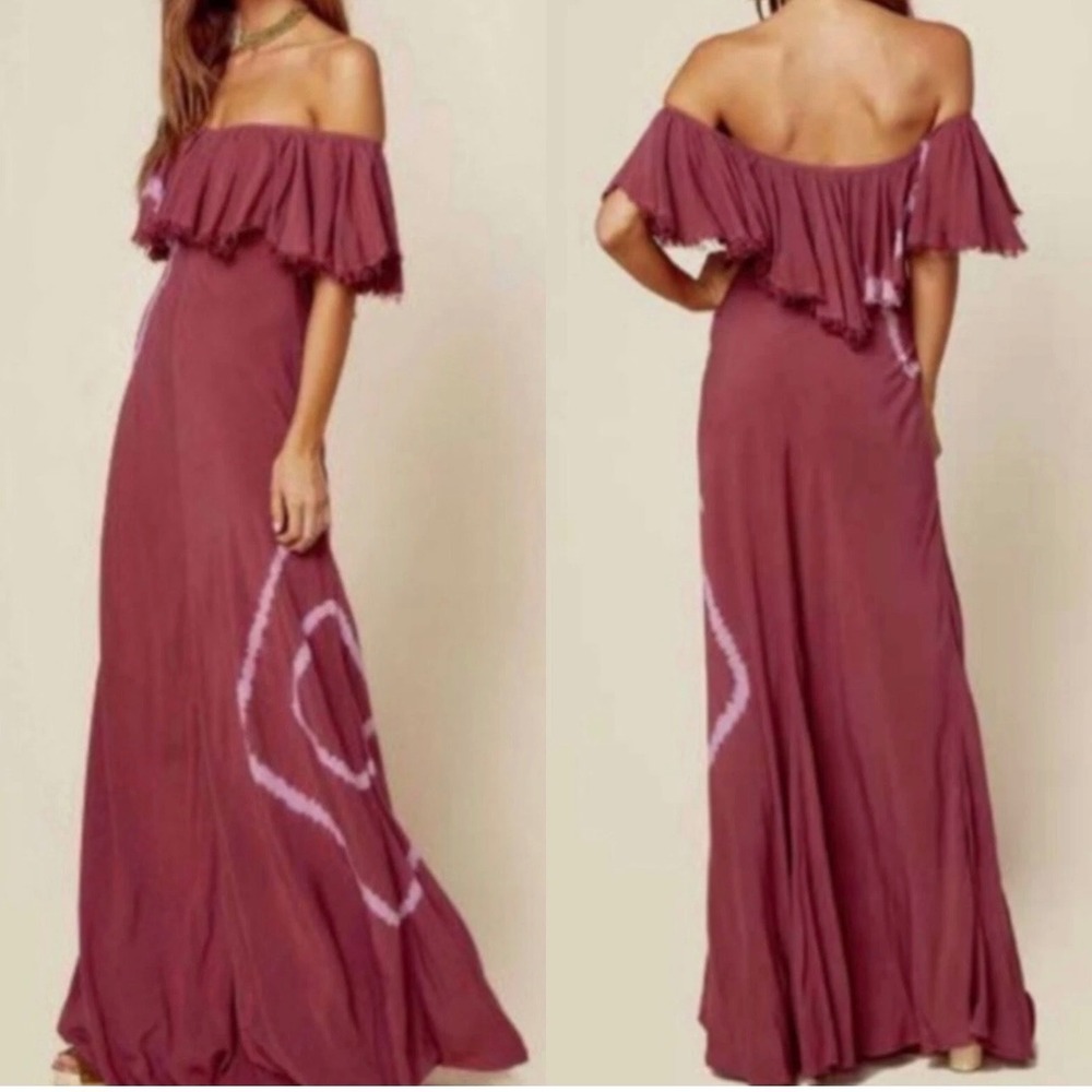 Blue Life Plum Tie Dye Off Shoulder Ruffle Maxi Dress Burgundy Womens Small